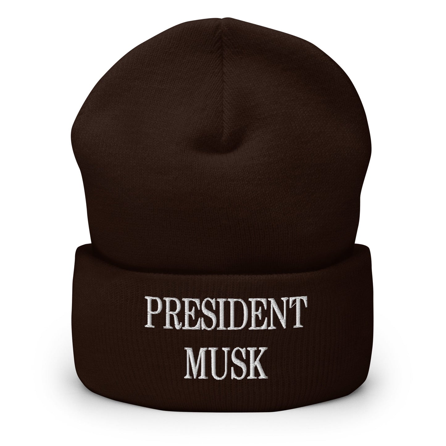 President Musk Embroidered Knit Cuffed Beanie Brown