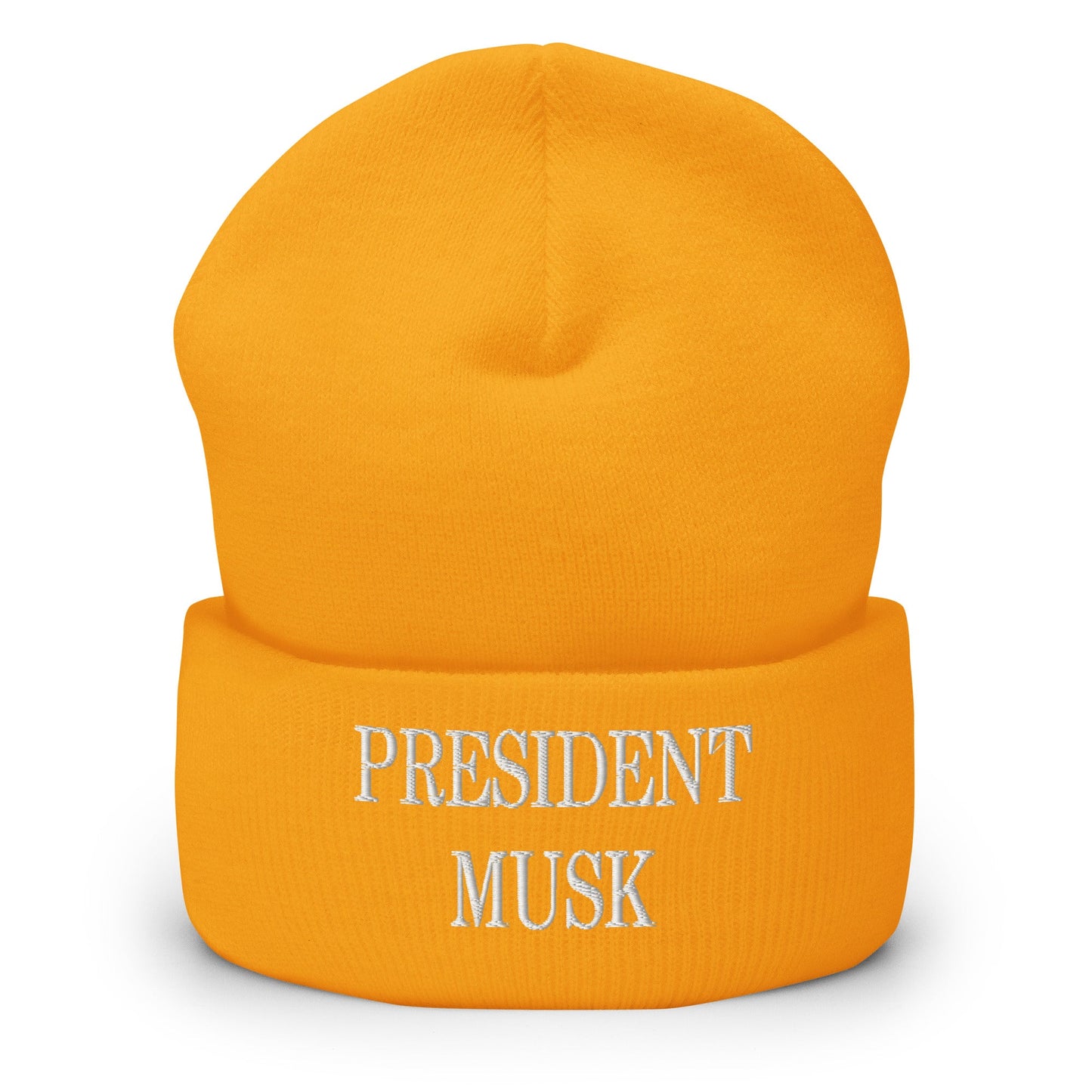 President Musk Embroidered Knit Cuffed Beanie Gold