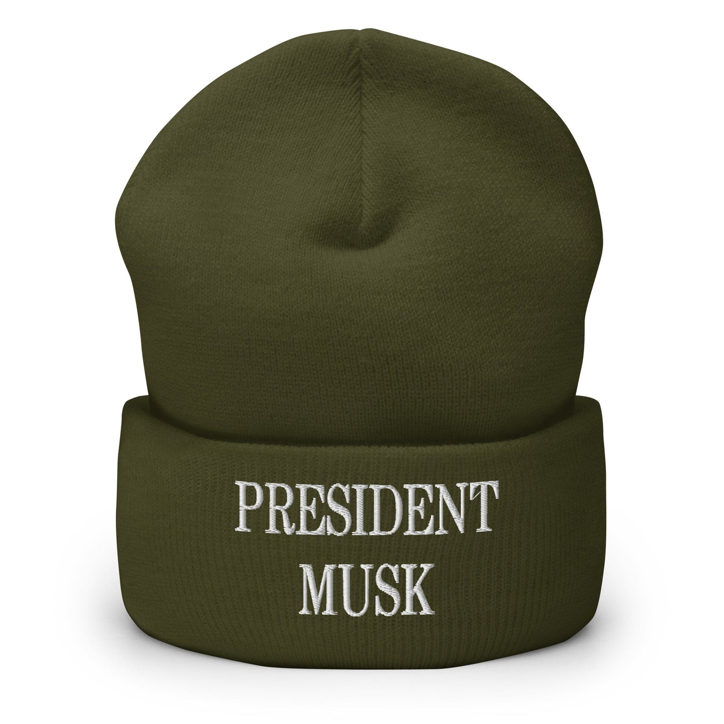 President Musk Embroidered Knit Cuffed Beanie Olive