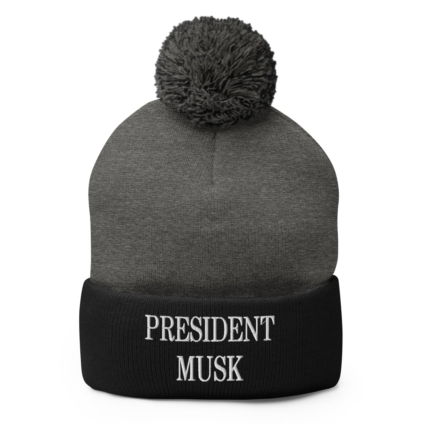 President Musk Embroidered Knit Pom Pom Beanie Dark Heather Grey Black