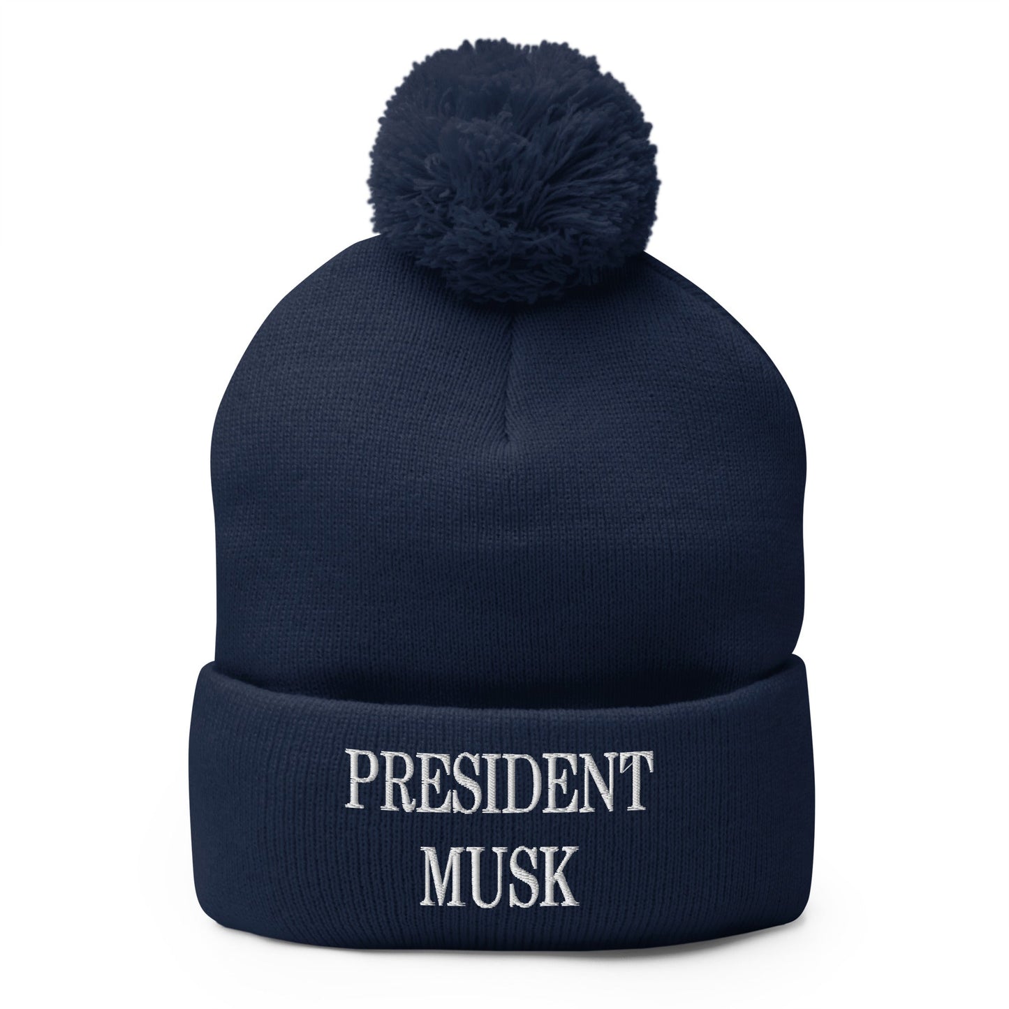 President Musk Embroidered Knit Pom Pom Beanie Navy