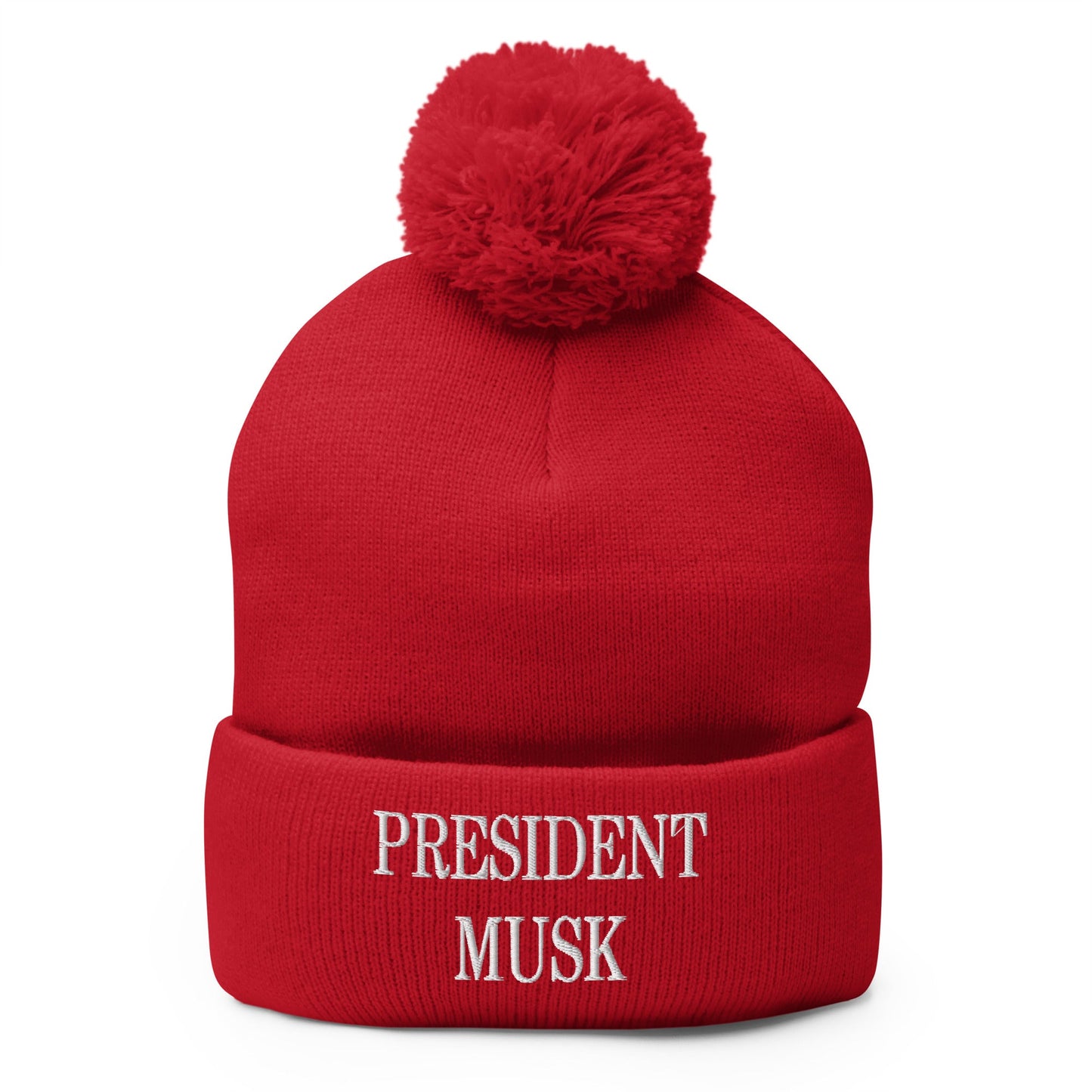 President Musk Embroidered Knit Pom Pom Beanie Red