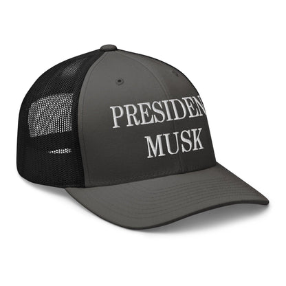 President Musk Embroidered Mesh Trucker Hat Charcoal Black