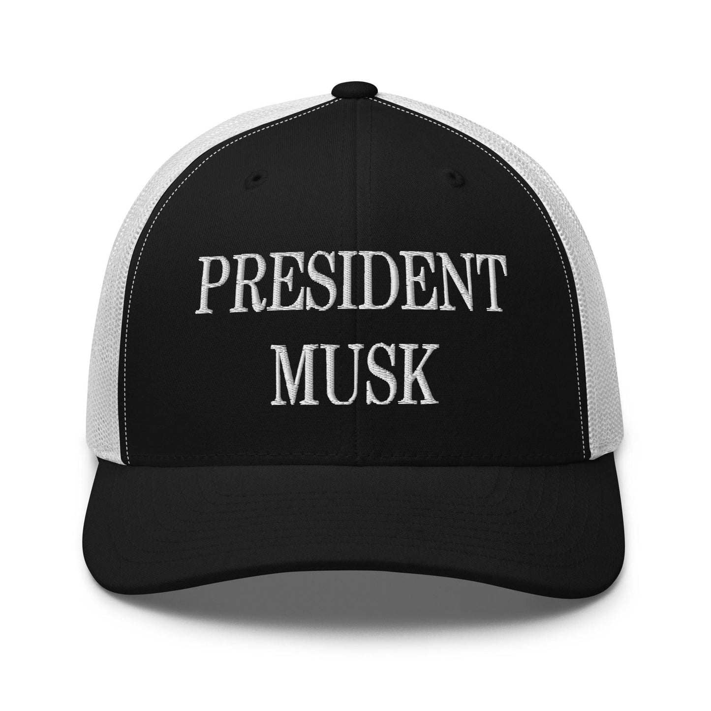 President Musk Embroidered Mesh Trucker Hat Black White