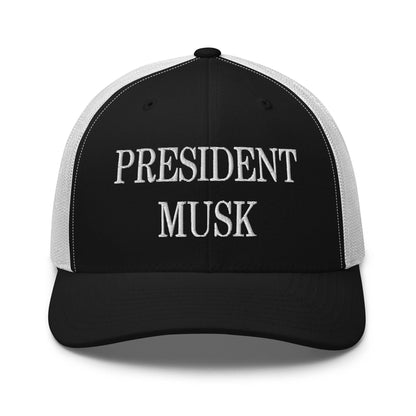 President Musk Embroidered Mesh Trucker Hat Black White