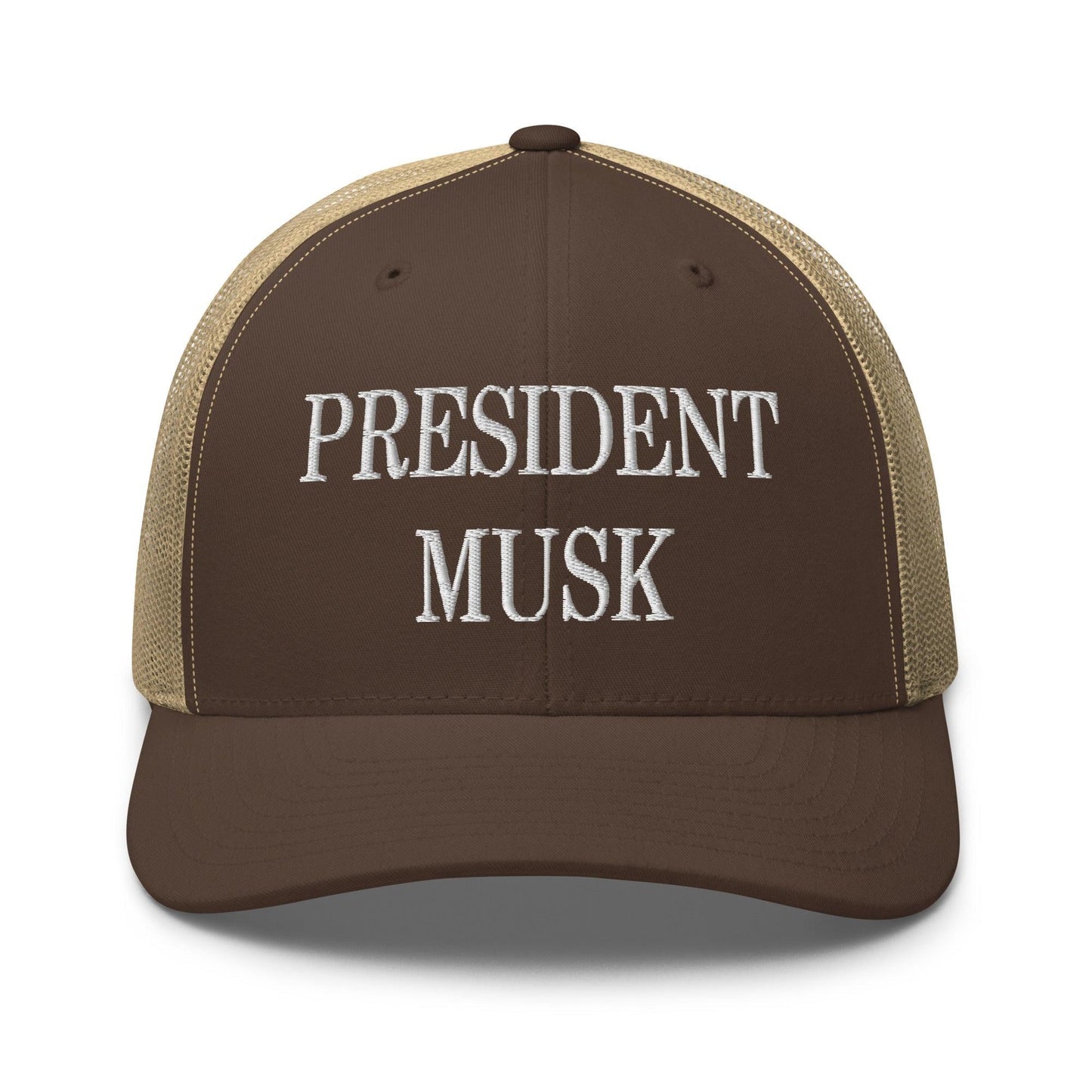 President Musk Embroidered Mesh Trucker Hat Brown Khaki