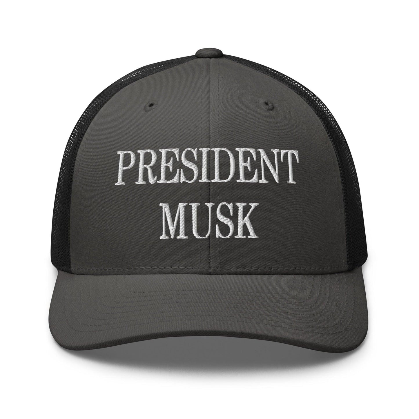 President Musk Embroidered Mesh Trucker Hat Charcoal Black