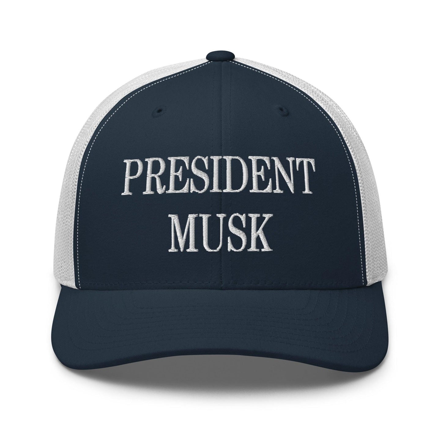 President Musk Embroidered Mesh Trucker Hat Navy White