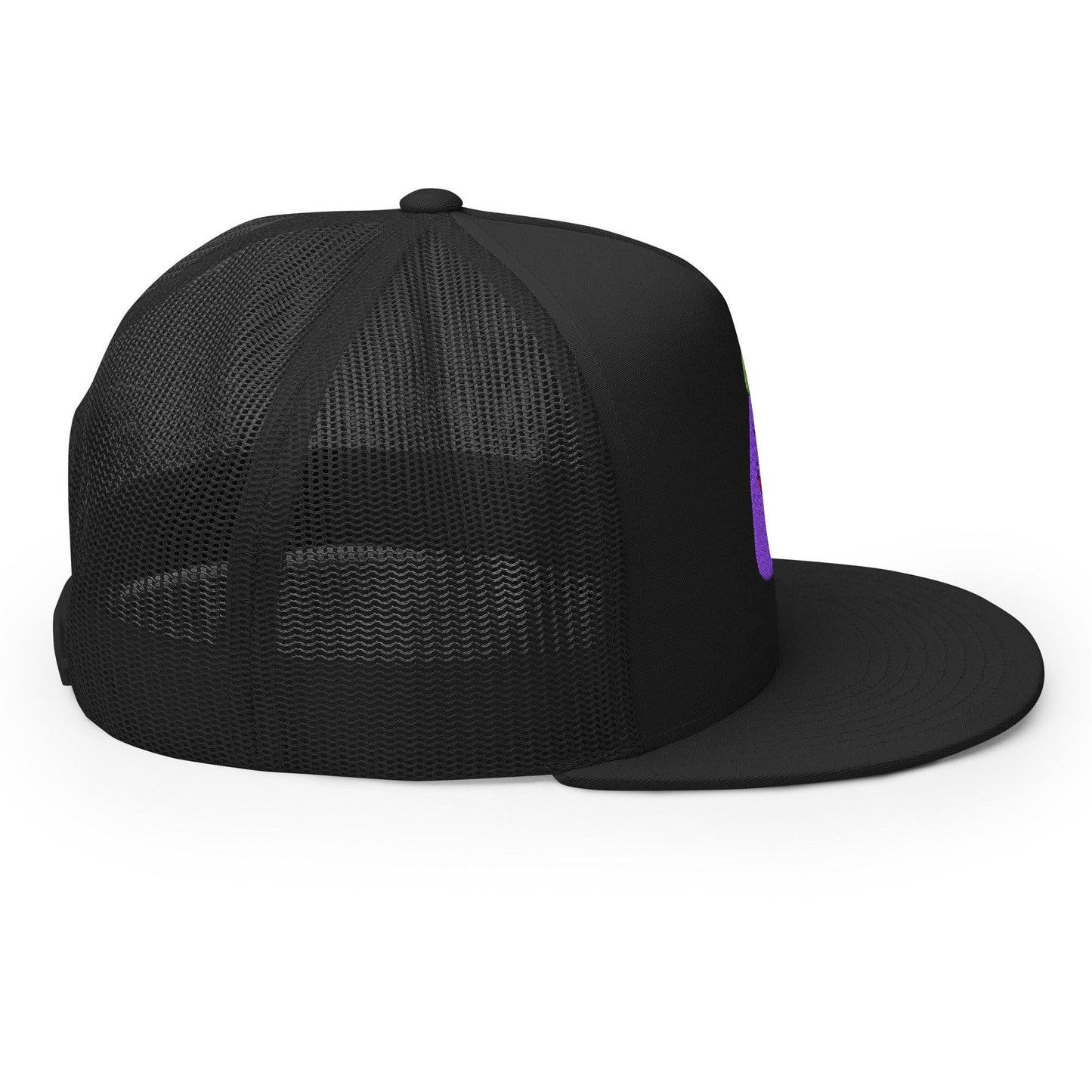 $PURPE Purple Pepe Embroidered Flat Bill Brim Mesh Trucker Hat Black