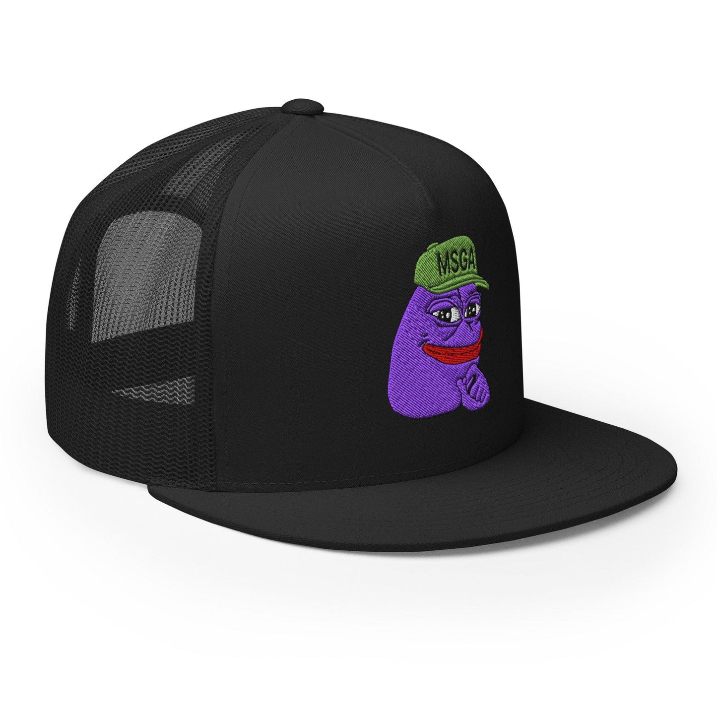 $PURPE Purple Pepe Embroidered Flat Bill Brim Mesh Trucker Hat Black