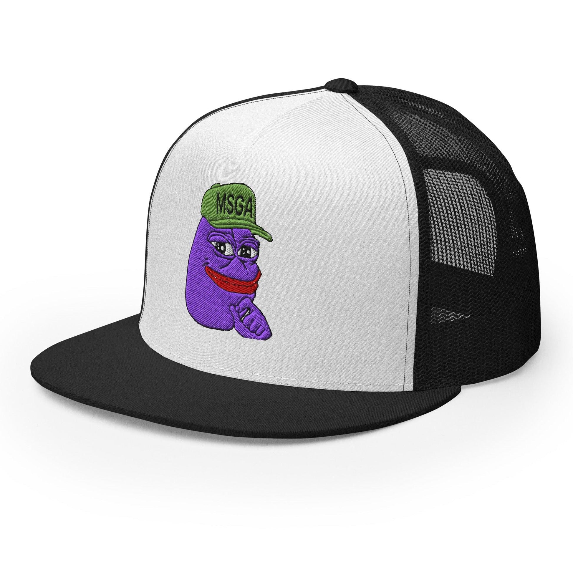 $PURPE Purple Pepe Embroidered Flat Bill Brim Mesh Trucker Hat Black White Black