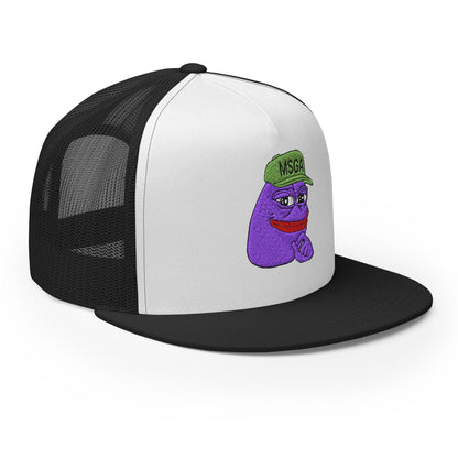 $PURPE Purple Pepe Embroidered Flat Bill Brim Mesh Trucker Hat Black White Black