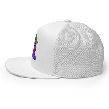 $PURPE Purple Pepe Embroidered Flat Bill Brim Mesh Trucker Hat White