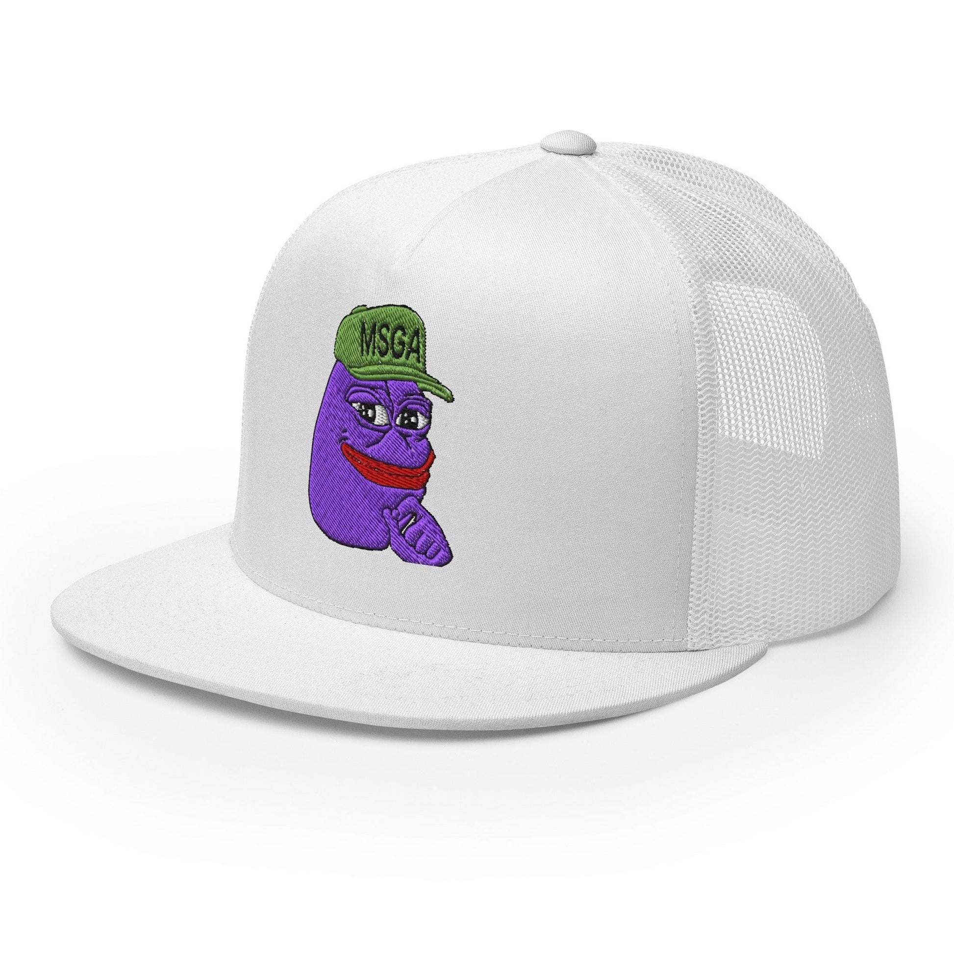 $PURPE Purple Pepe Embroidered Flat Bill Brim Mesh Trucker Hat White