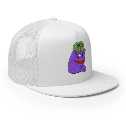 $PURPE Purple Pepe Embroidered Flat Bill Brim Mesh Trucker Hat White