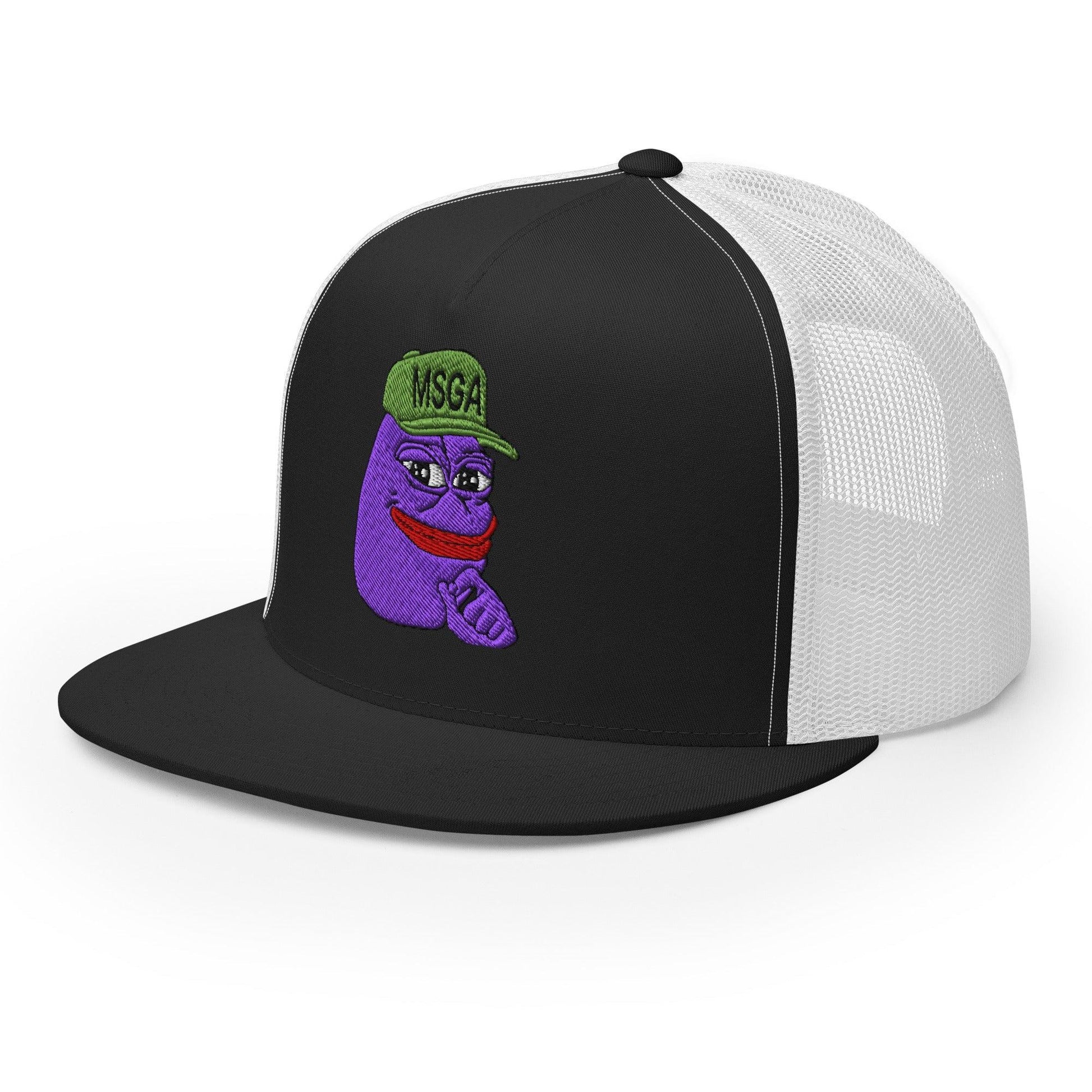 $PURPE Purple Pepe Embroidered Flat Bill Brim Mesh Trucker Hat Black White