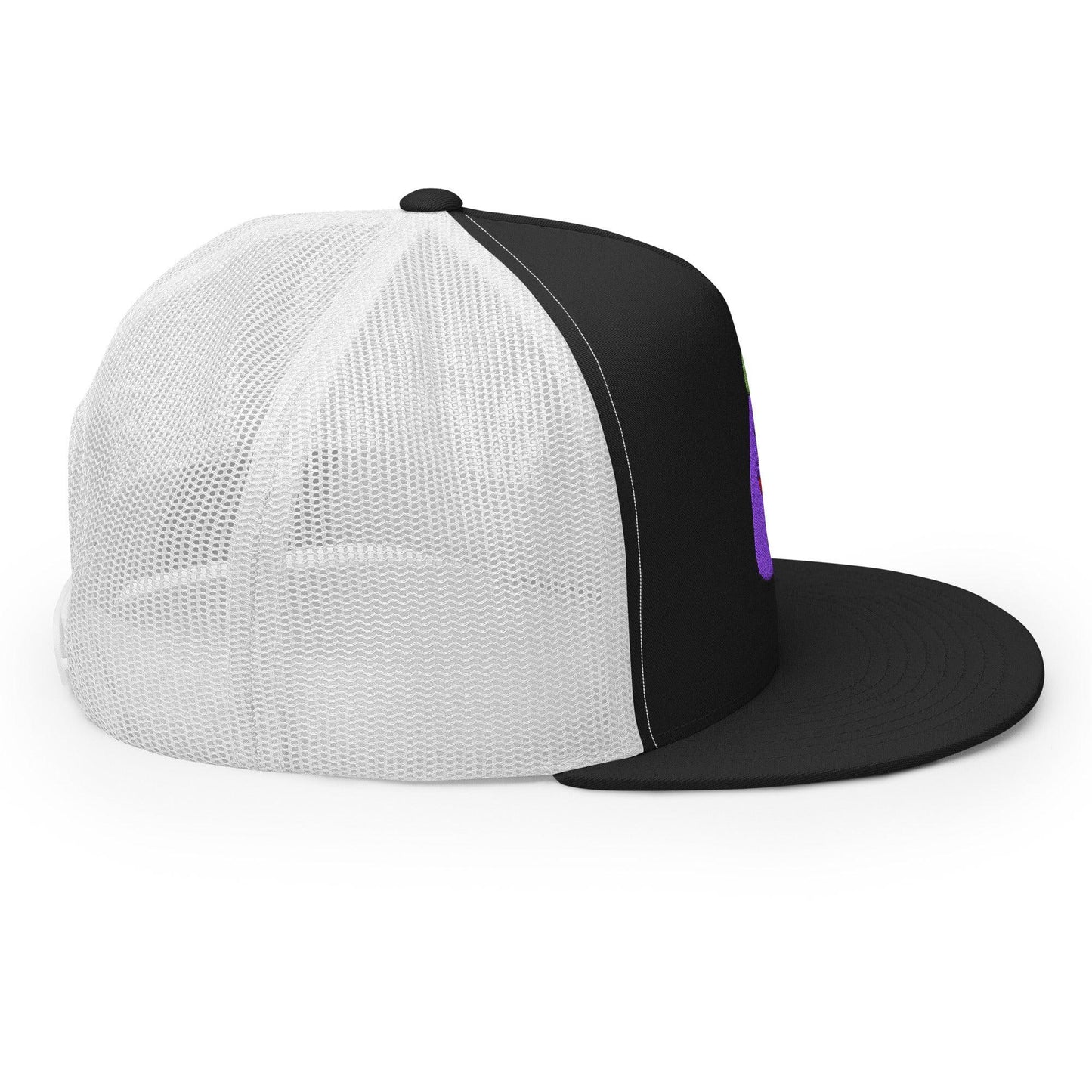 $PURPE Purple Pepe Embroidered Flat Bill Brim Mesh Trucker Hat Black White