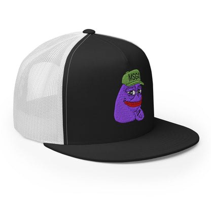 $PURPE Purple Pepe Embroidered Flat Bill Brim Mesh Trucker Hat Black White