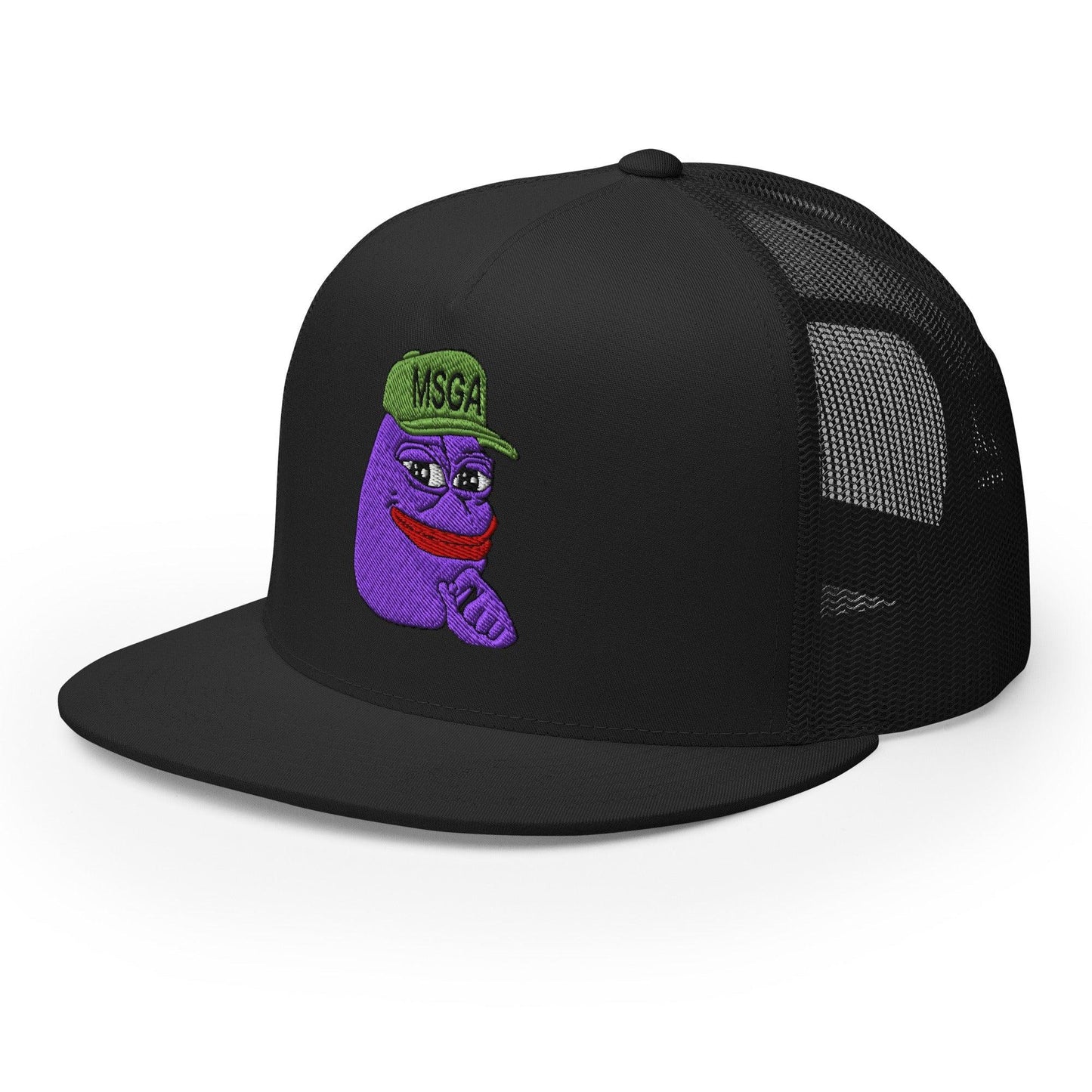 $PURPE Purple Pepe Embroidered Flat Bill Brim Mesh Trucker Hat Black