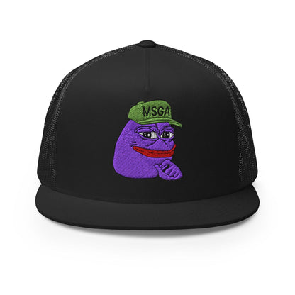 $PURPE Purple Pepe Embroidered Flat Bill Brim Mesh Trucker Hat Black