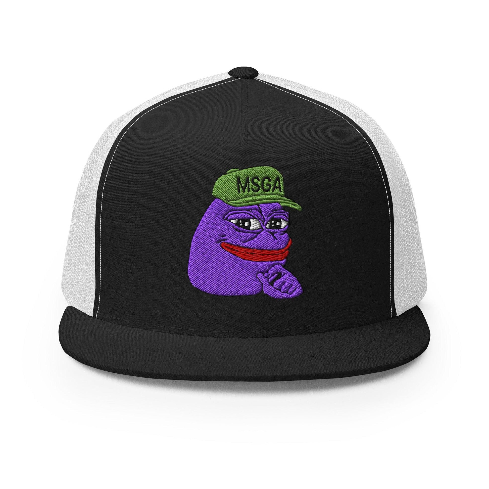 $PURPE Purple Pepe Embroidered Flat Bill Brim Mesh Trucker Hat Black White