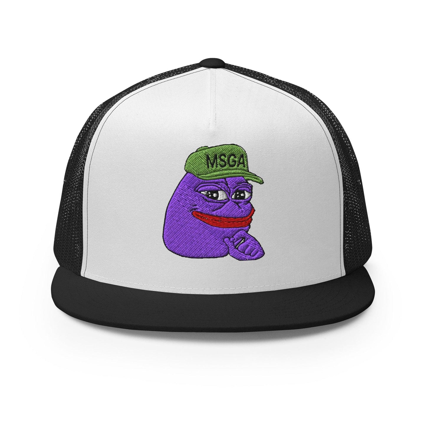 $PURPE Purple Pepe Embroidered Flat Bill Brim Mesh Trucker Hat Black White Black