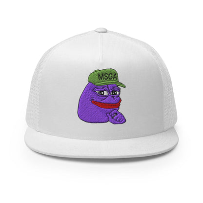 $PURPE Purple Pepe Embroidered Flat Bill Brim Mesh Trucker Hat White