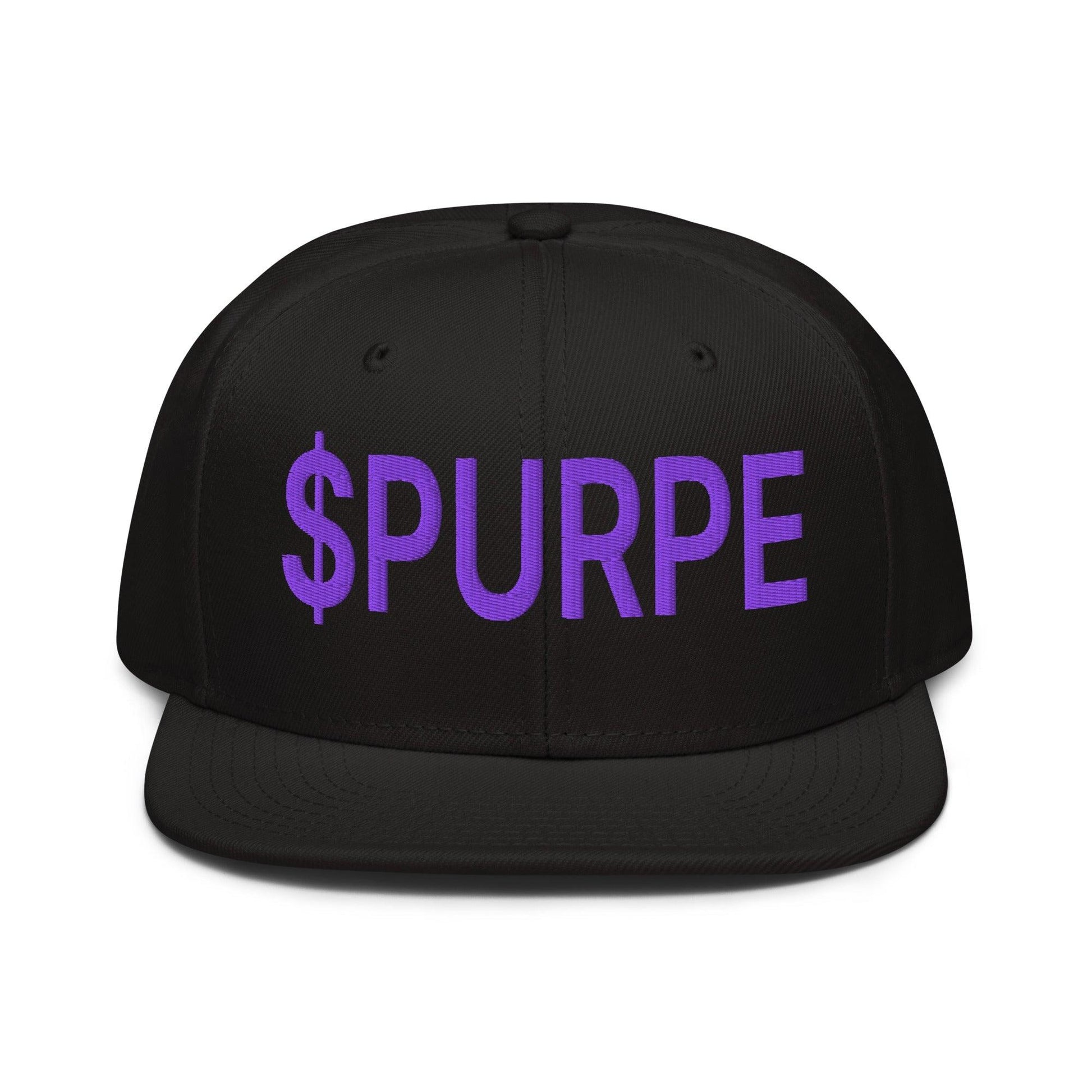 Purple Pepe $PURPE Embroidered Flat Bill Brim Snapback Hat Black