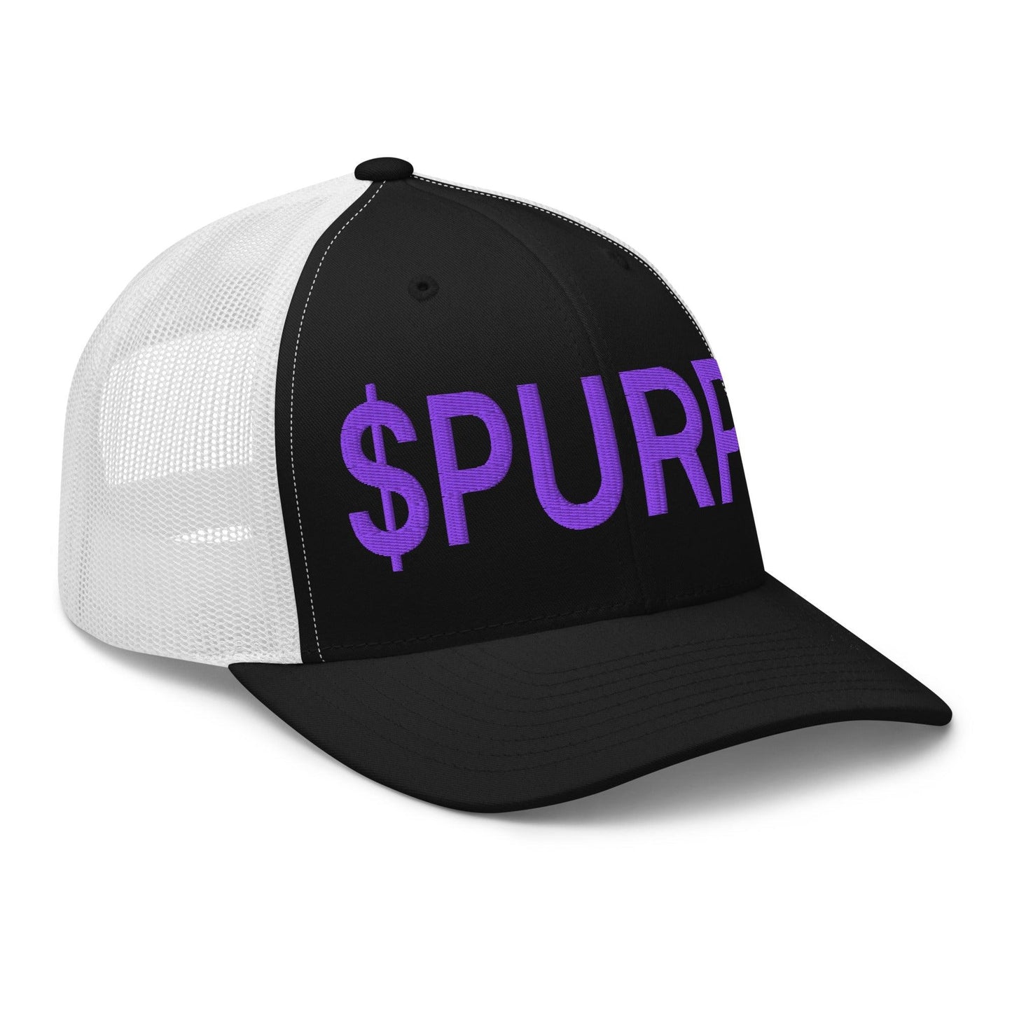 Purple Pepe $PURPE Embroidered Mesh Trucker Hat Black White