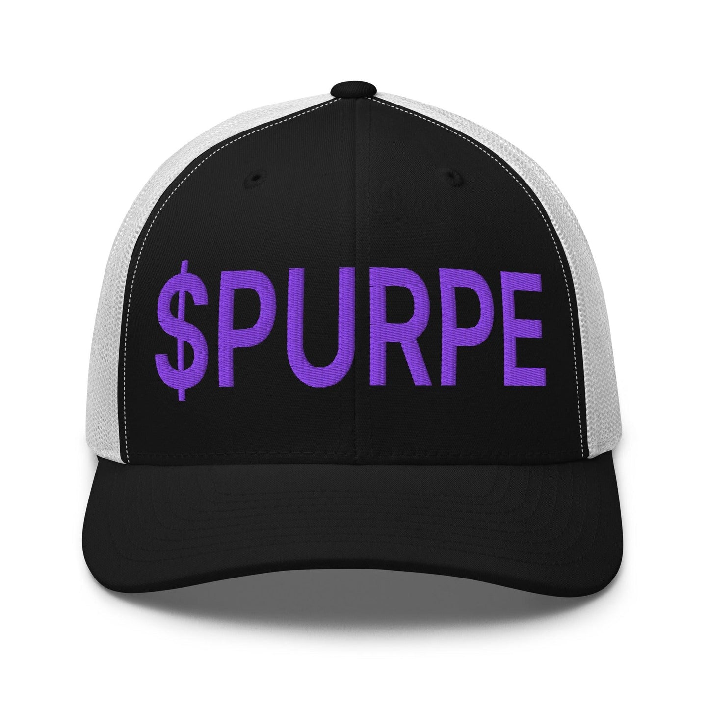 Purple Pepe $PURPE Embroidered Mesh Trucker Hat Black White