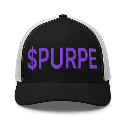 Purple Pepe $PURPE Embroidered Mesh Trucker Hat Black White