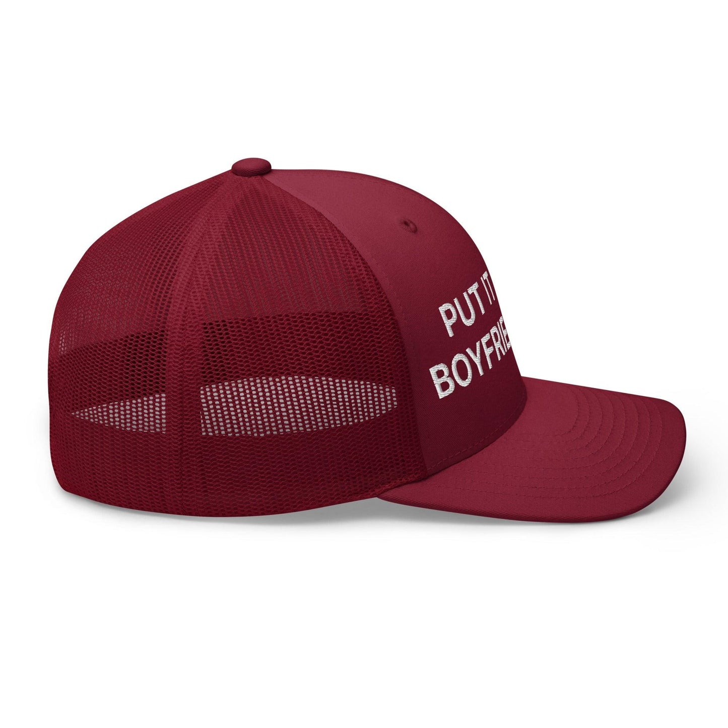 Put It on My Boyfriend's Tab Embroidered Mesh Trucker Hat Cranberry