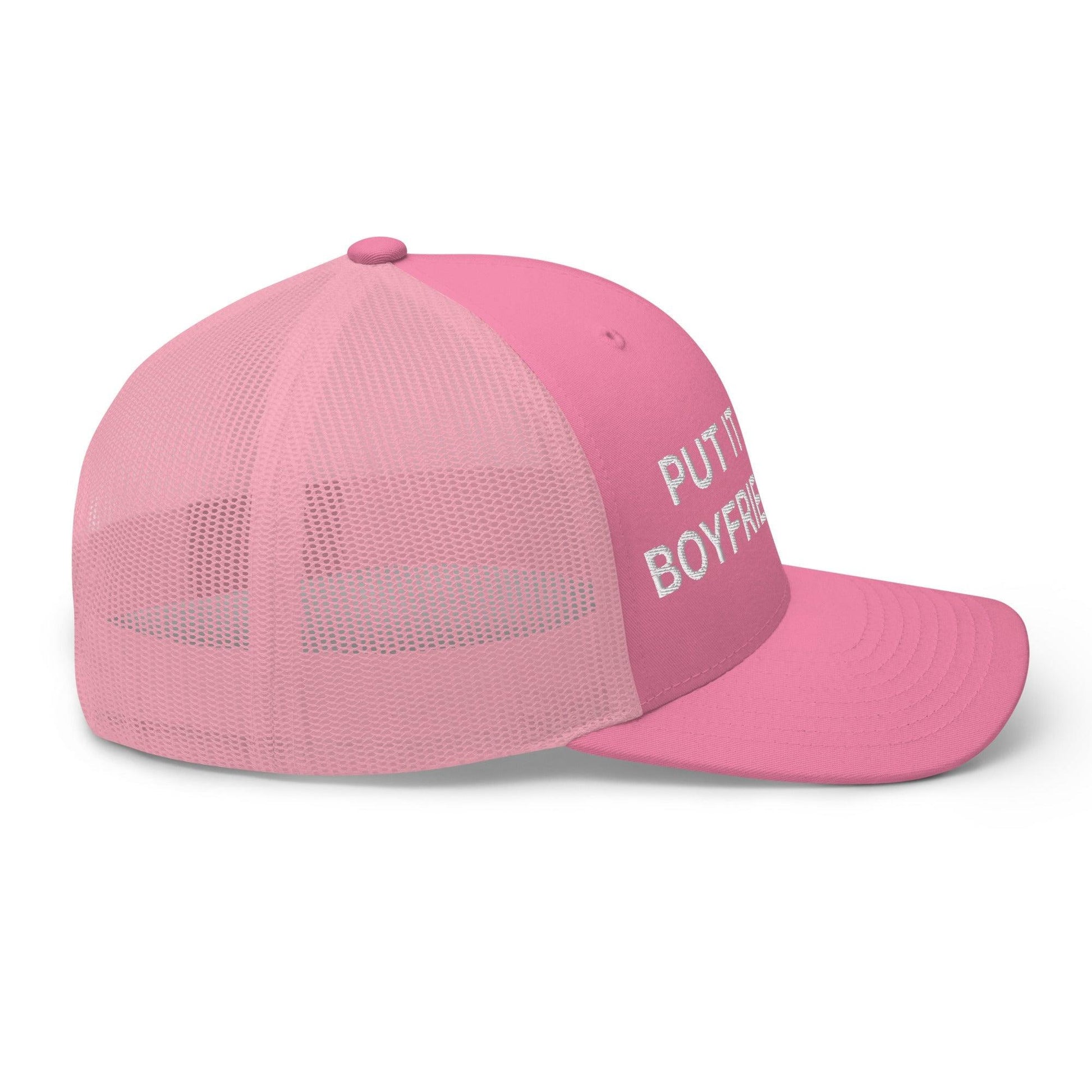 Put It on My Boyfriend's Tab Embroidered Mesh Trucker Hat Pink