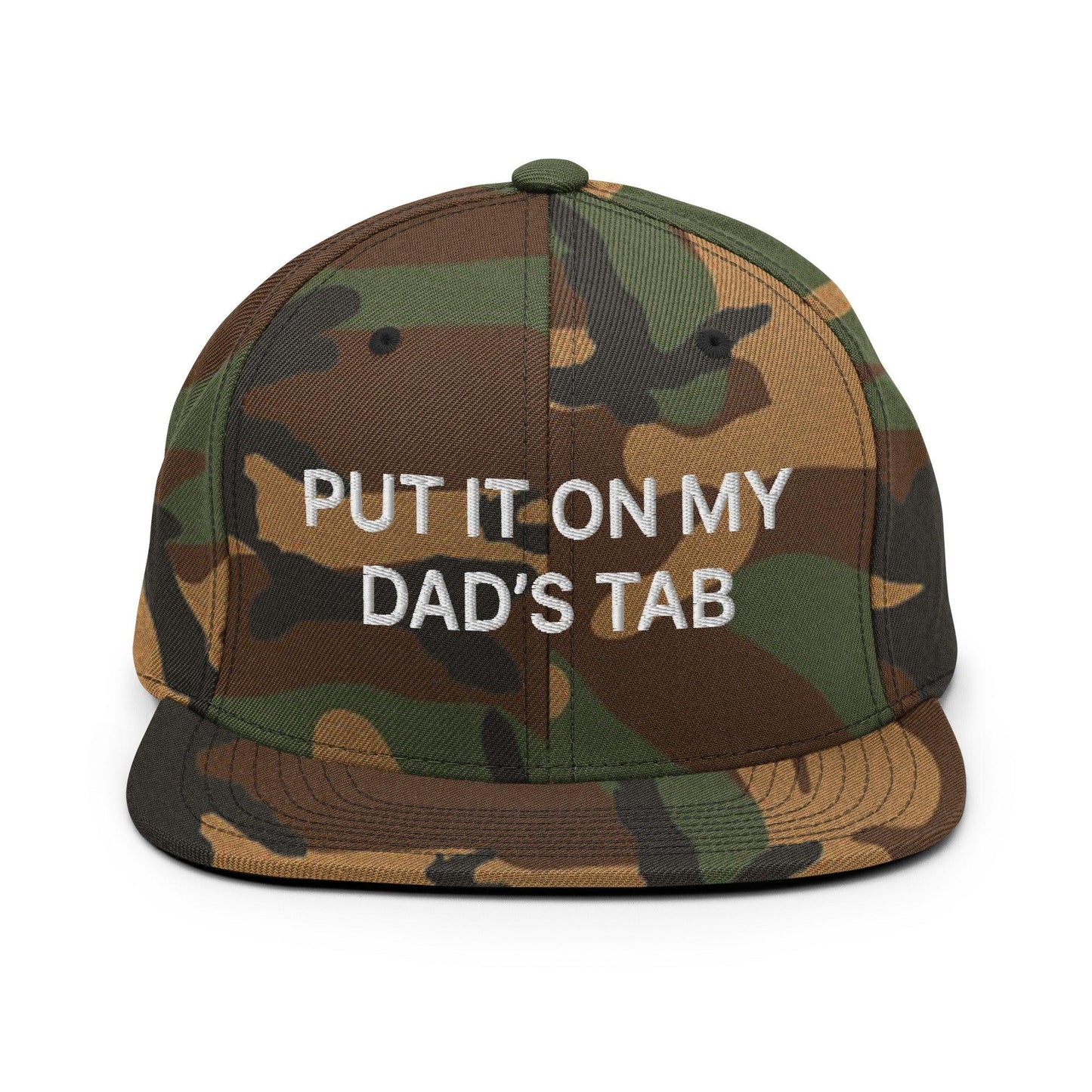 Put It on My Dad's Tab Embroidered Flat Bill Brim Snapback Hat Green Camo