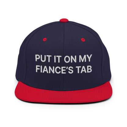 Put It on My Fiance's Tab Embroidered Flat Bill Brim Snapback Hat Navy Red