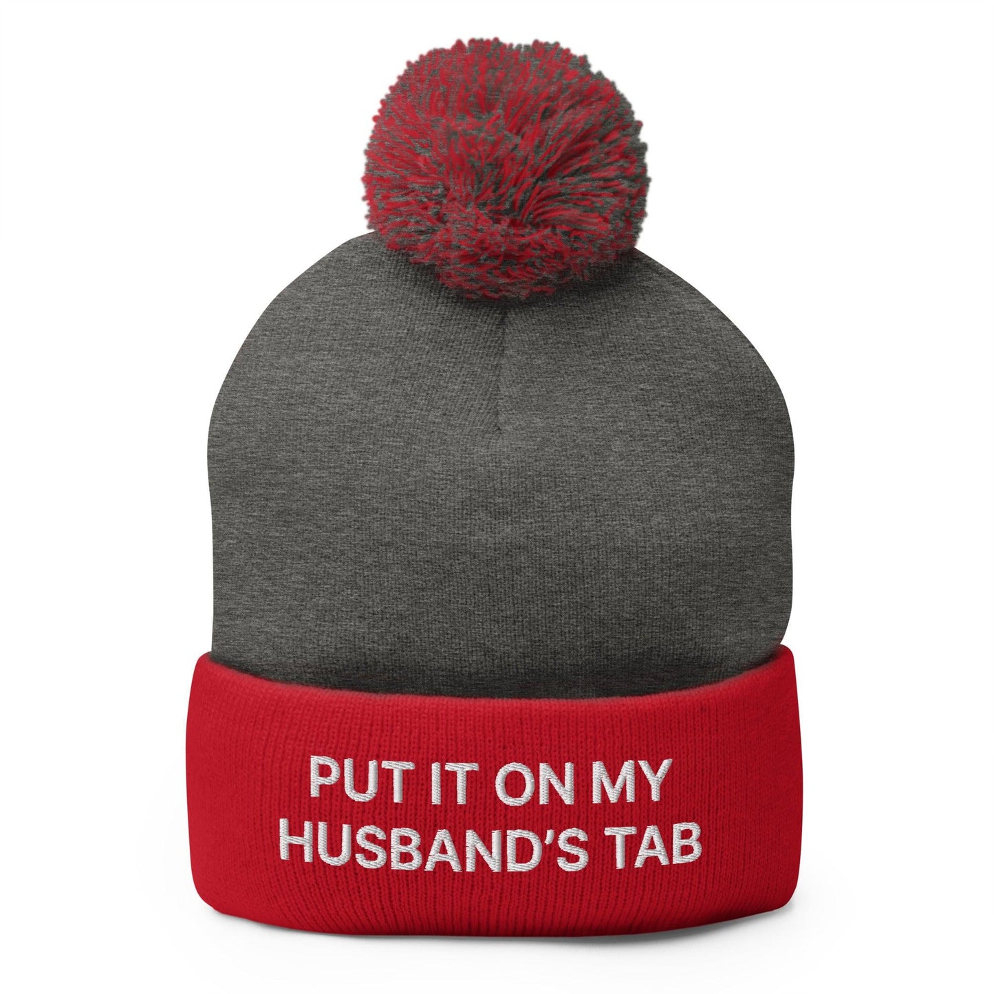 Put It on My Husband's Tab Embroidered Knit Pom Pom Beanie Dark Heather Grey Red