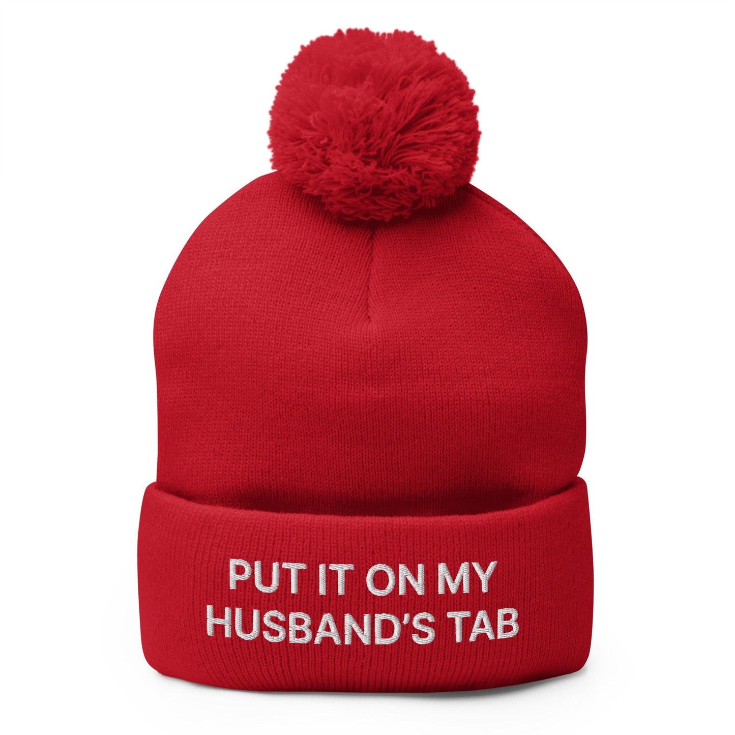 Put It on My Husband's Tab Embroidered Knit Pom Pom Beanie Red