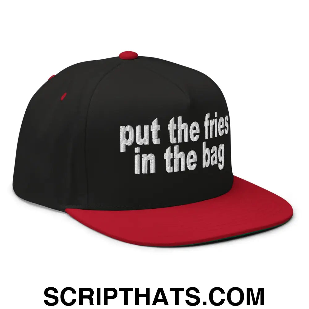 Put the Fries in the Bag Embroidered 5 Panel Flat Bill Brim Snapback Hat Black Red