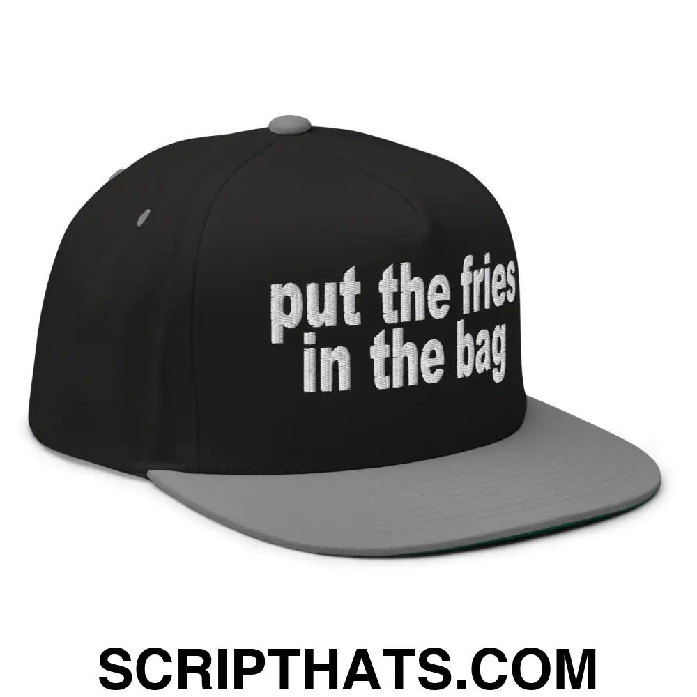 Put the Fries in the Bag Embroidered 5 Panel Flat Bill Brim Snapback Hat Black Grey