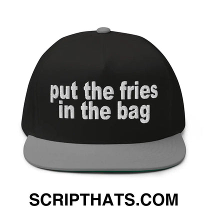 Put the Fries in the Bag Embroidered 5 Panel Flat Bill Brim Snapback Hat Black Grey