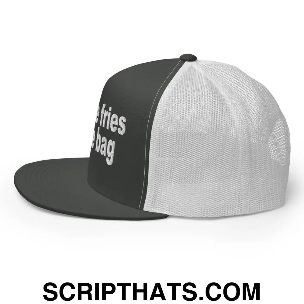 Put the Fries in the Bag Embroidered Mesh Flat Bill Brim Trucker Hat Charcoal White