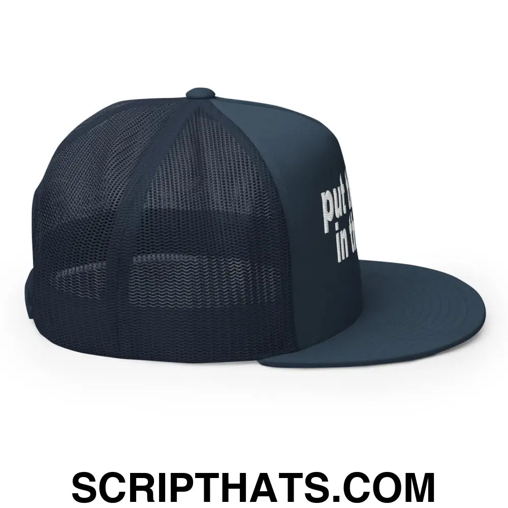 Put the Fries in the Bag Embroidered Mesh Flat Bill Brim Trucker Hat Navy