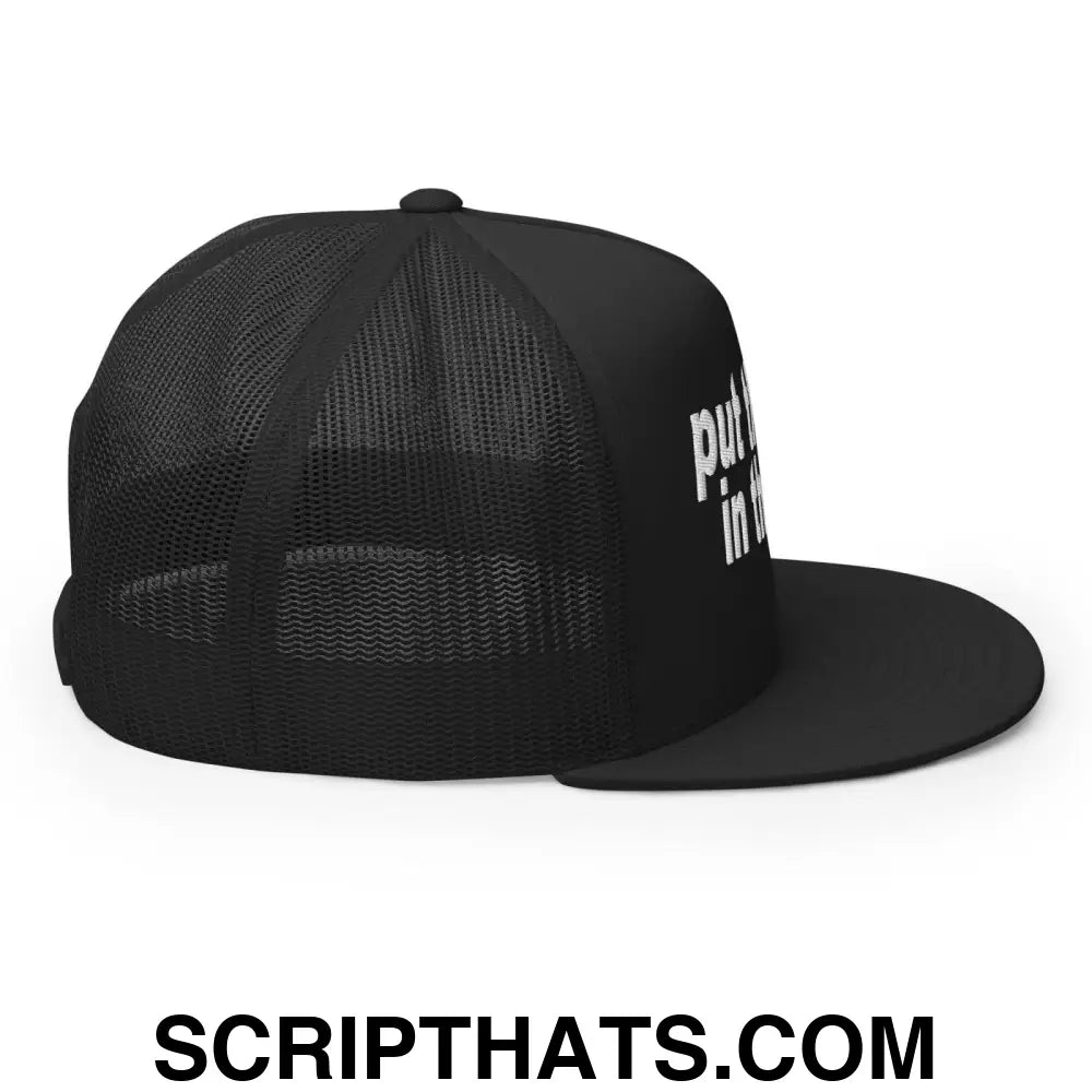 Put the Fries in the Bag Embroidered Mesh Flat Bill Brim Trucker Hat Black