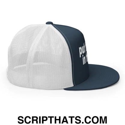 Put the Fries in the Bag Embroidered Mesh Flat Bill Brim Trucker Hat Navy White