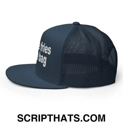 Put the Fries in the Bag Embroidered Mesh Flat Bill Brim Trucker Hat Navy