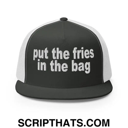 Put the Fries in the Bag Embroidered Mesh Flat Bill Brim Trucker Hat Charcoal White