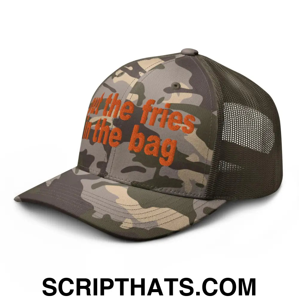 Put the Fries in the Bag Embroidered Orange Camo Trucker Hat Camo Olive