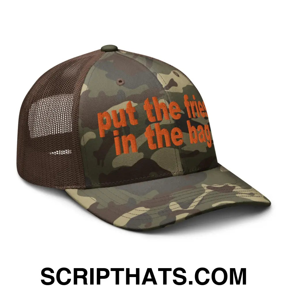 Put the Fries in the Bag Embroidered Orange Camo Trucker Hat Camo Brown