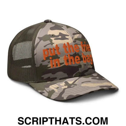 Put the Fries in the Bag Embroidered Orange Camo Trucker Hat Camo Olive