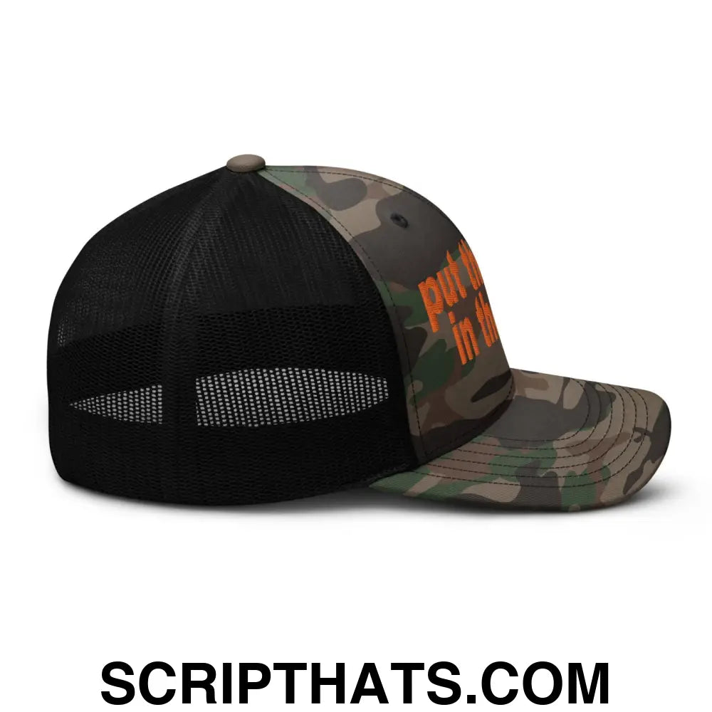 Put the Fries in the Bag Embroidered Orange Camo Trucker Hat Camo Black